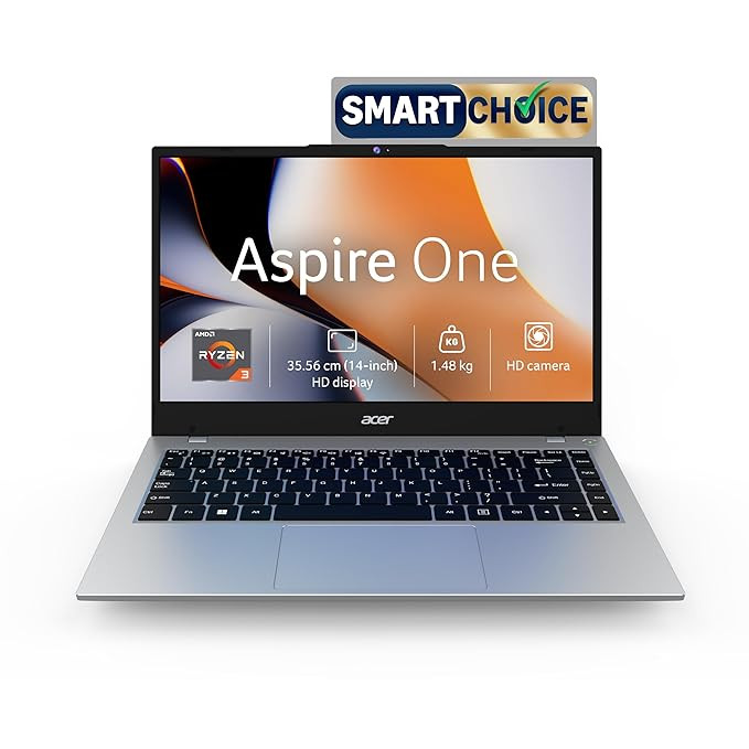 Acer Smartchoice Aspire One, AMD Ryzen 3-7320U, 8GB LPDDR5 RAM/ 512GB SSD, 14.0"/35.56cm TN HD Display, Win 11 Home, Pure Silver, 1.48KG, A114-43, Thin and Light Laptop.