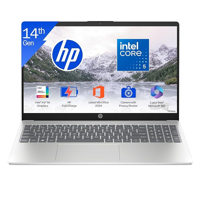 HP 15 (i5 14th Gen), Intel Core 5, 16GB RAM (Upgradeable), 512GB SSD, FHD, Anti-Glare, 15.6''/39.6cm, Win11, M365 Basic(1yr), Office24, Silver,1.59kg, fd0682tu, FHD Camera w/Shutter, Backlit Laptop.