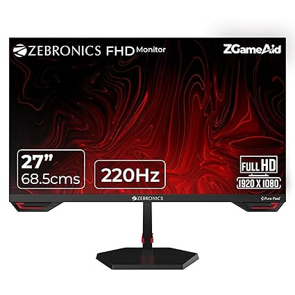 Zebronics S27A 27"" (68.5 cm) Gaming Monitor, 220Hz Refresh Rate, Fast IPS Display, HDMI, DP, FHD 1920x1080, 350nits Brightness, Built-in Speakers, ZGame Aid, Adaptive Sync, Bezel-less, Wall Mountable
