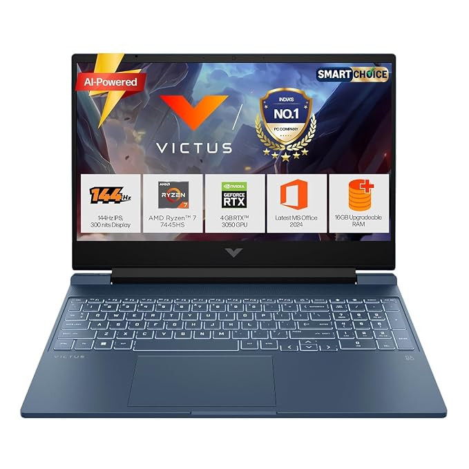 HP Smartchoice Victus, AMD Ryzen 7 7445HS, 6GB RTX 3050, 16GB DDR5(Upgradeable) 512GB SSD, 144Hz, 300 nits, 15.6''/39.6cm, Win 11, Office 24, Blue, 2.29kg, fb3134/20ax, Xbox Gamepass*, Gaming Laptop.