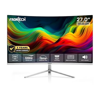 FRONTECH Ultima Series 27 Inch Curved LED Monitor, Refresh Rate 120Hz, 3500R Curve, Full HD 1080p, Built in Speaker, Bezel Less Design, HDMI & VGA Ports (MON-0085, White)