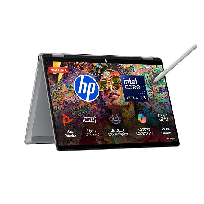 HP OmniBook X Flip OLED Intel Core Ultra 5 226V, 40 Tops (16GB LPDDR5x,1TB SSD) 3K, Touch, 120hz, 14''/35.6cm, Intel ARC Graphic,Win11, Office24, Meteor Silver, 1.38kg, fm0099TU,Pen, 2 in 1 AI Laptop.