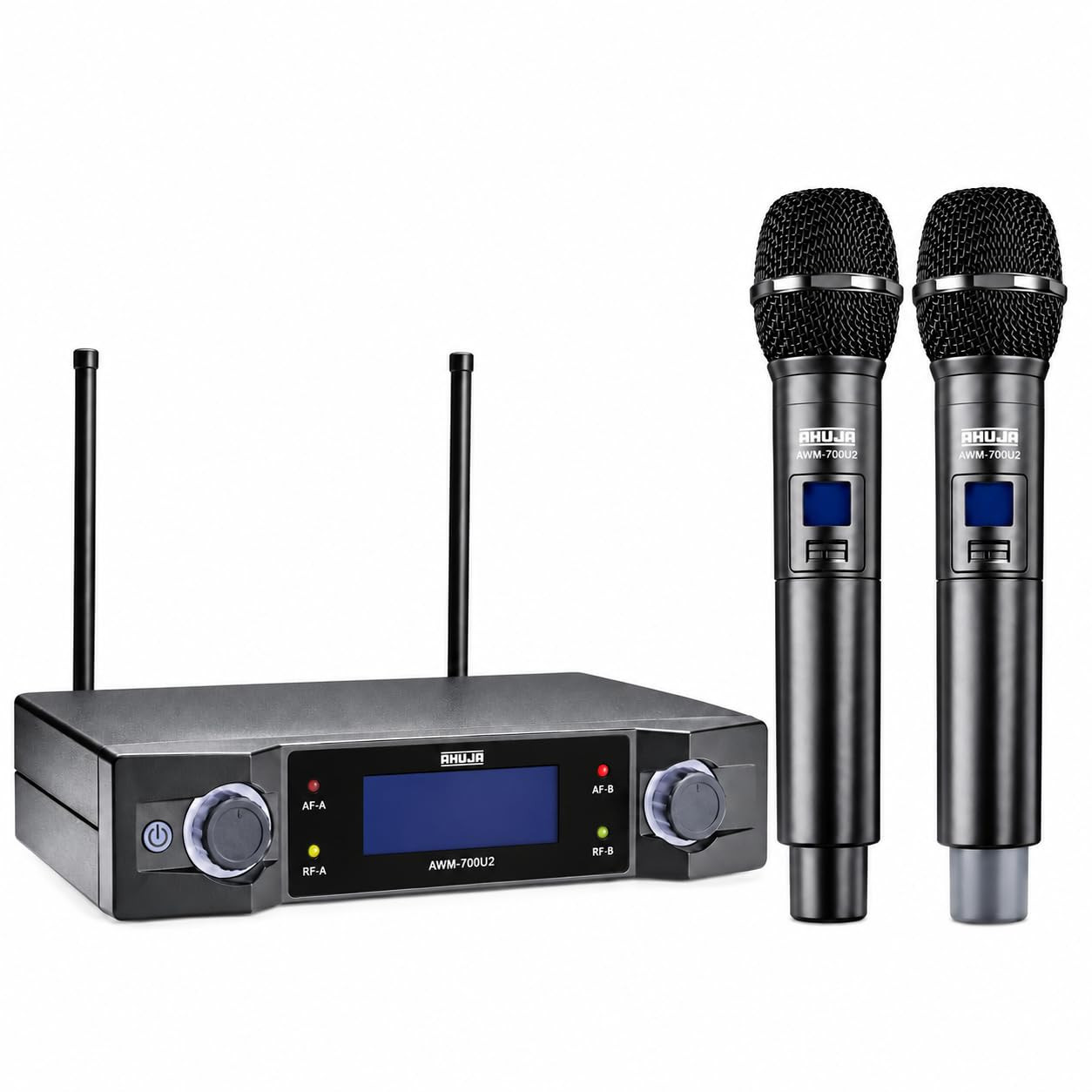 Ahuja AWM-700U2 Dual-Channel UHF Wireless Microphone System, 2 Handheld Mics, Separate Volume Controls and XLR Outputs