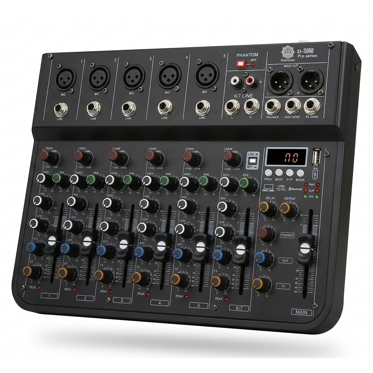 DIGIMORE 7 Channel Audio Mixer with USB & BT Playback | 48V Phantom Power | Stereo XLR Outs | Delay & Reverb Effects | Ideal for Stage, Live Gigs, and Karaoke (D-255 PRO)