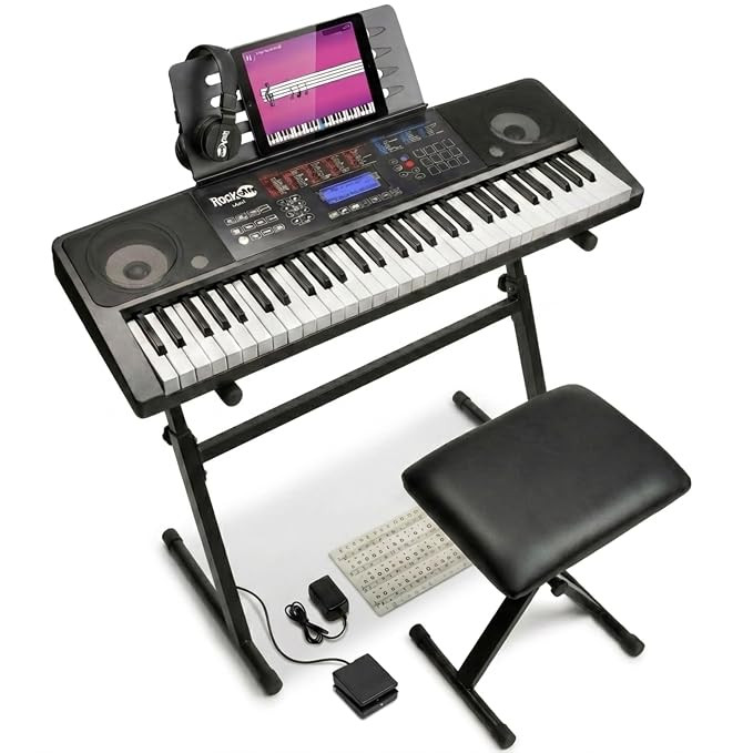 RockJam RJ761 61 Keys Electronic Interactive Teaching Piano Keyboard with Stand, Stool, Sustain pedal & Headphones.