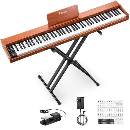 Donner DEP-1S 88 Key Digital Piano with Stand, Portable Piano Keyboard 88 Keys for Beginner, Retro Wood Color.