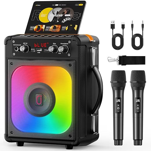 JYX Karaoke Machine, Portable Bluetooth Speaker with 2 Wireless Microphones for Adults & Kids,Karaoke Speaker for Parties and Gatherings, PA System Supports TWS/USB/TF/REC/AUX and TV Connected (Black)