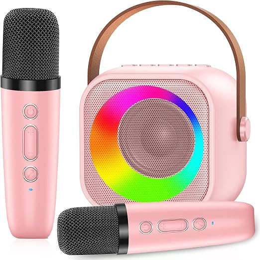 Portable Kids Karaoke Machine with 2 Mics, Mini Karaoke Wireless Microphone with Bluetooth Speaker & LED Light, Gifts for Age 3-18 Boys Girls Families Birthday Party