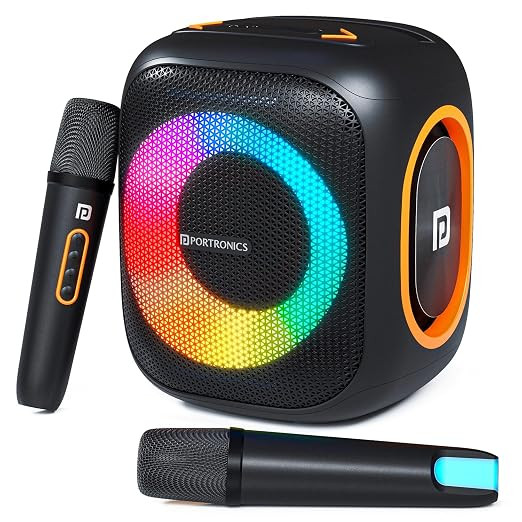 Portronics Dash 10 50W Wireless Bluetooth Party Speaker With Dual Wireless Karaoke Mic, Upto 6 Hours Playtime, Dual Bass Radiator, HD Sound, RGB LED Lights,BT 5.3V,AUX IN,USB In,Type C Charging(Black)