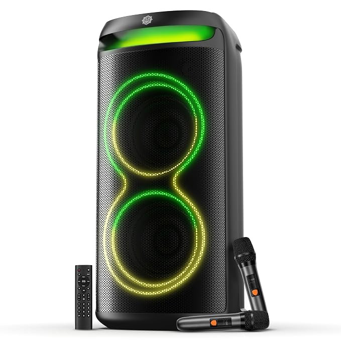 DIGIMORE 200W PartyBox Speaker with Mic | Dual 6.5" | AI Sound Boost & Deep Bass | Dynamic RGB Lights, Up to 10Hrs Battery | Bluetooth 5.3/USB/AUX for Parties, Karaoke & Gatherings (D-1365)