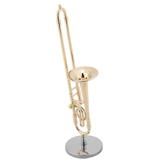 Miniature Instrument Model, Miniature Trombone Replica with Stand and Case Gold Plated Instrument Model Musical Home Decor Ornaments