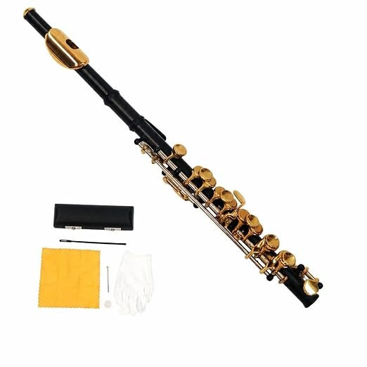 Gold-Colored Keys C Piccolo Flute Easy to Play Piccolo Flute Responsive Woodwind Ergonomic for Students, Beginners, Musicians, Practice, Rehearsals, Performances, Blk and Gold