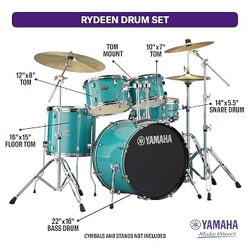 Yamaha Rydeen 5-Piece Drum Set With 22" Bass Drum, Floor Tom, 2 Toms With Ball Clamp And Wood Snare Drum, Turquoise Glitter
