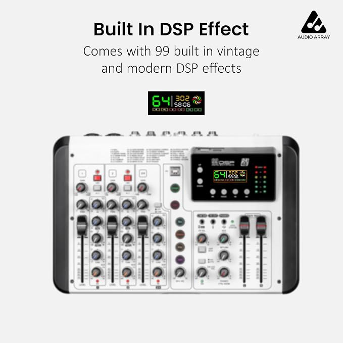 Audio Array 6-Channel Hybrid USB Summing Mixer | 4 Analog & 1in/2out USB Interface |192kHz/24Bit OTG Recording| 99 DSP FX| BT Connectivity | 2XLR Mic Inputs |Phantom Power| Hi-Z & Phone Out |M6