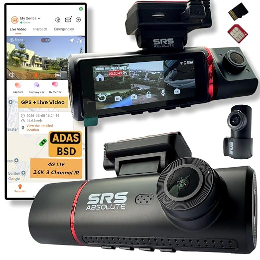 3 Channel 4G Dash Cam Record GPS Tracking Live Video ADAS BSD Park Monitor Timelapse WiFi Hotspot Reverse Parking Calling MicroSD SIM (3 Channel 4G ADAS BSD DashCam S44GTrio Gen4)