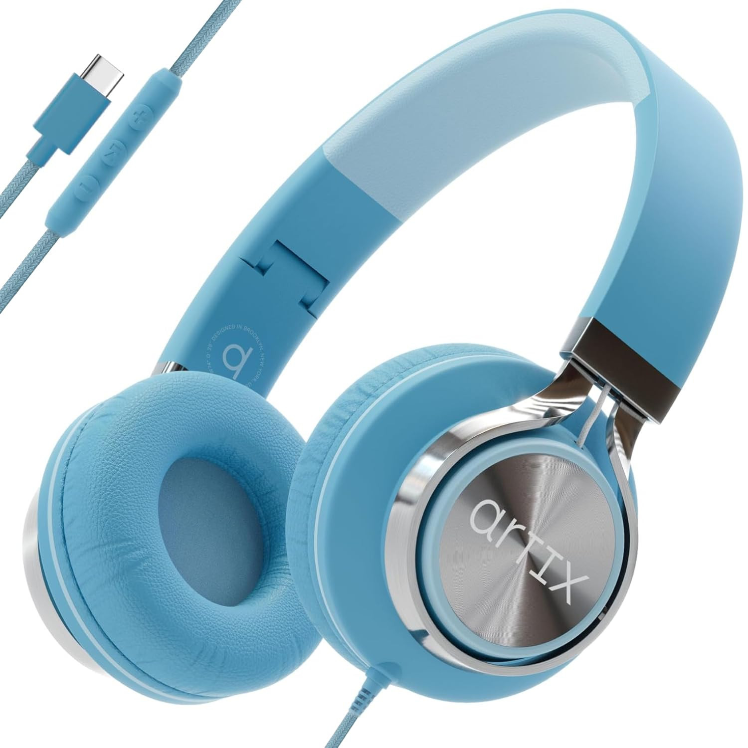 ARTIX CL750 C Type Wired Stereo Headphones | Foldable On Ear Design with Noise Isolation, Mic & Volume Controller for All Devices (Blue, USB Type C)