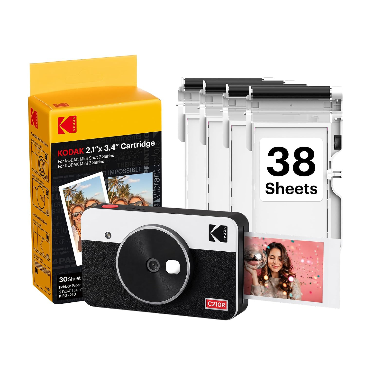 KODAK Mini Shot 2 Retro 4PASS 2-in-1 Instant Camera and Photo Printer (2.1x3.4 inches) + 68 Sheets Bundle, White
