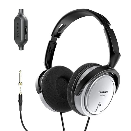 PHILIPS Over Ear Wired Stereo Headphones for Podcasts, Studio Monitoring and Recording Headset for Computer, Keyboard and Guitar with 6.3 mm (1/4") Add On Adapter- Silver
