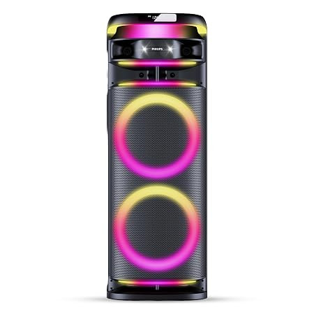 PHILIPS TAX5004 500W Bluetooth Party Speaker with 2 Free Wireless Mic, Powerful Sound, Deep Bass, RGB Lights, LED Display, Portable Loudspeaker with USB, AUX, DJ Party Effects for House Party