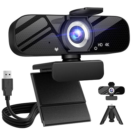 Tewiky Full HD Webcam with Built-in Microphone and Rotatable Tripod, 1080P Video and Wide Angle Camera, Privacy Cover, for Desktop PC or Laptop Computer (4K Webcam with USB Cable)