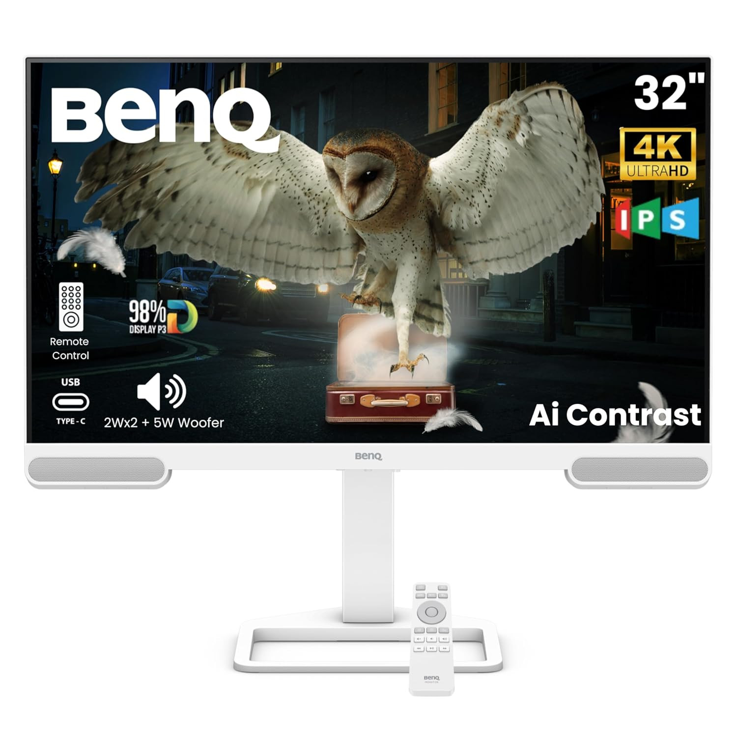 BenQ EW3290U 31.5" (81.28cm) 4K UHD Entertainment Monitor|3840x2160| 60Hz| 98% P3| Remote | AI Contrast| 2.1 Channel Speakers|Woofer| USB-C (65W PD)| 3xHDMI|USB Hub| Ergonomic| Eye-Care (White)