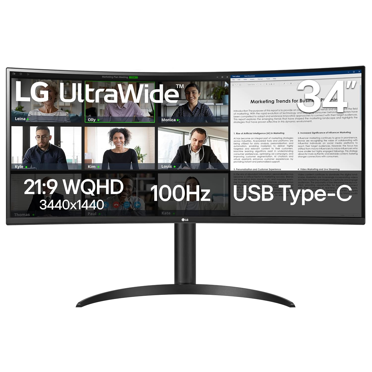 LG 34WR55QK-B 34" UltraWide WQHD (3440 x 1440) Curved Computer Monitor, 100Hz, 5ms, HDR10, Reader Mode, HDMI, DisplayPort, USB Type-C, Tilt and Height Adjustable Stand, Black