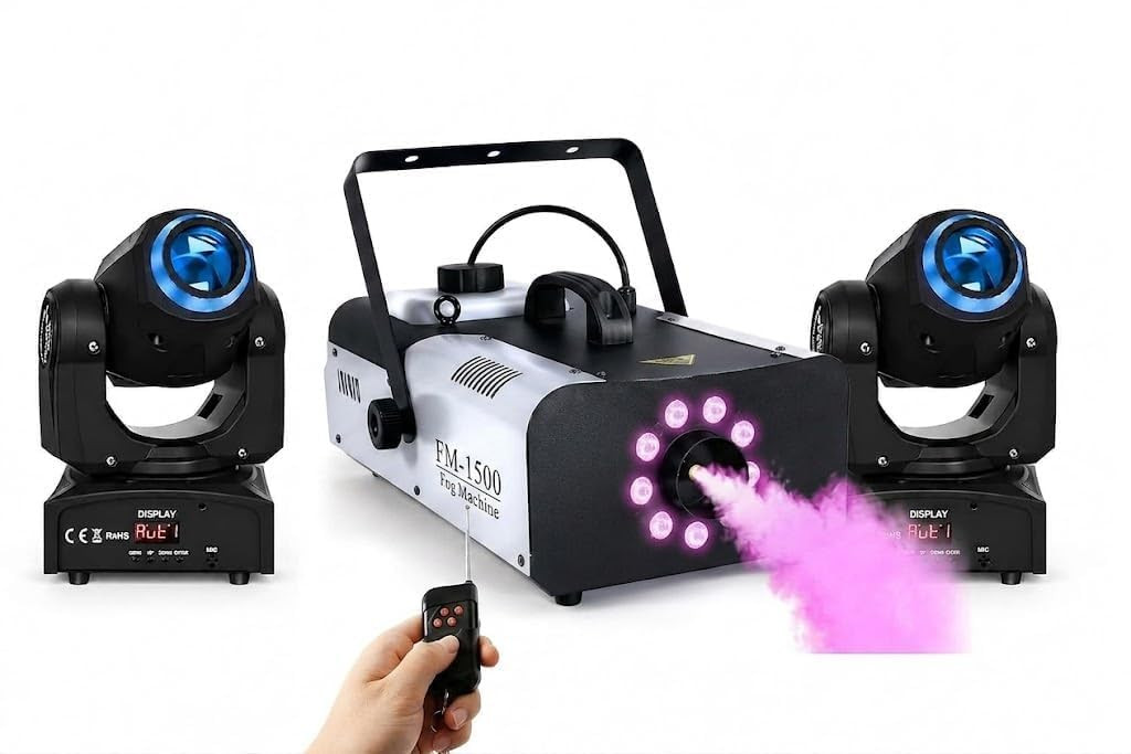 1500W DJ Fog Machine Combo with 60W Dual Moving Head Stage PAR Lights & Wireless Remote – 3-in-1 Party Lighting & Smoke Effect Kit
