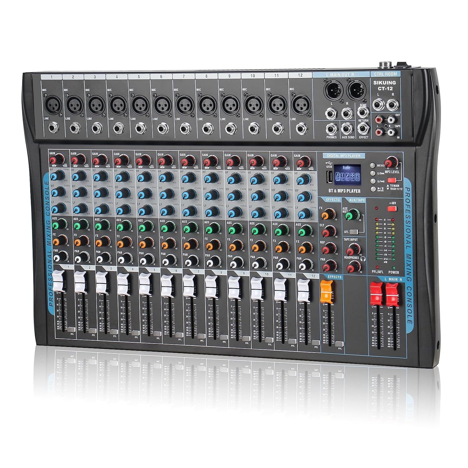 12 Channel Audio Interfacer Sound Board Mixer DJ Mixer 16-Bit DSP Effect USB Audio Mixer +48V Phantom Power Bluetooth Mixer for Karaoke Studio Streaming Recording,Live Streaming